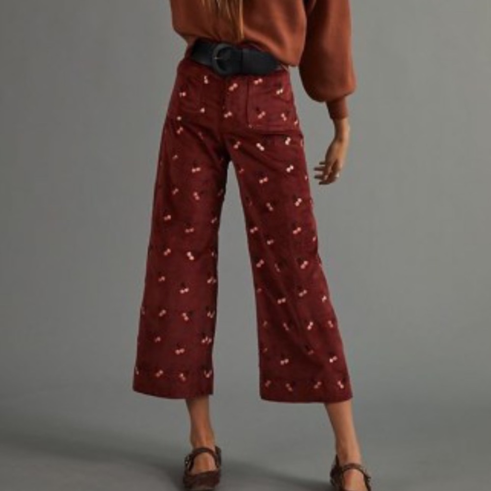 NET ANTHROPOLOGIE MAEVE COLETTE WINE CHERRY EMBROIDERED CORDUROY PANTS 28